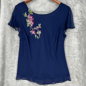 VTG 100% Silk Fairy Floral Blue Top Robbie Bee Drape Back Pullover Size 16 Y2K